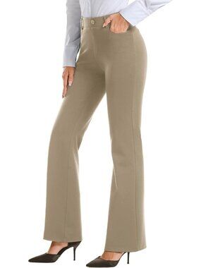 Women's Grey Khaki Pull On Regular Slacks Business Casual Bootcut Dress Pants